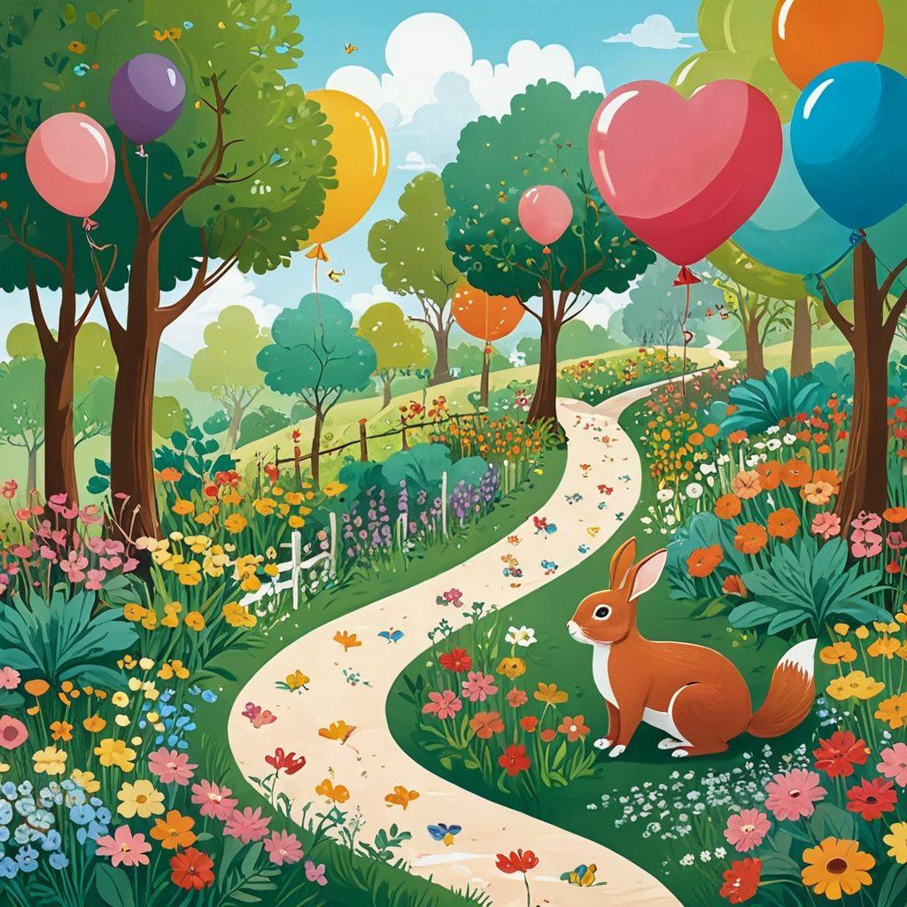 A whimsical illustration featuring a playful landscape with a winding path leading through a vibrant garden filled with colorful flowers, heart-shaped balloons, and playful animals. Add elements of humor like smiling fruits and cheeky characters exploring together, symbolizing the journey into intimate wellness. Include soft pastel colors to evoke a sense of warmth and adventure. cartoon style. vibrant colors. playful atmosphere.