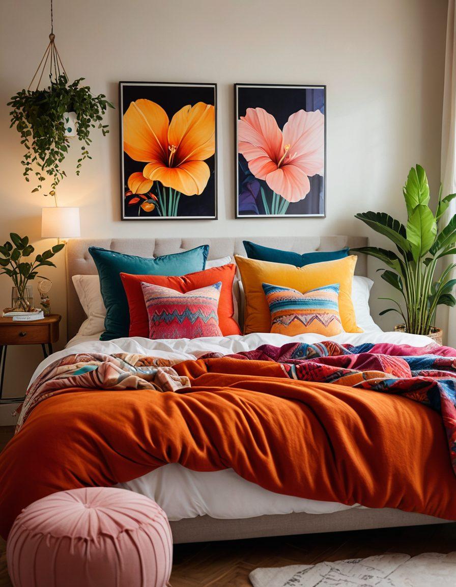 A cozy and inviting bedroom scene with soft lighting, featuring a diverse couple embracing playfully on a bed adorned with colorful pillows and blankets. The walls are decorated with artwork celebrating love and acceptance, while a small plant adds a touch of nature. A subtle hint of romance fills the air, illustrating the essence of intimacy and connection. warm tones. vibrant colors. soft focus.