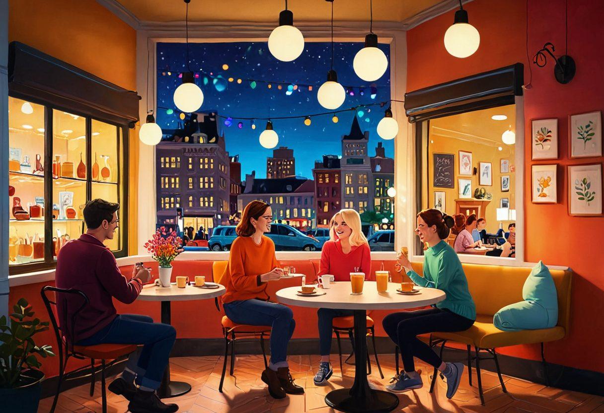 A whimsical and colorful illustration depicting a playful scene of adults engaging in light-hearted humor, with cartoon-style characters sharing laughter around a cozy café table. Surround them with playful elements like speech bubbles featuring witty jokes and romantic hints, soft glowing lights, and a backdrop of a vibrant city nightlife. The atmosphere should exude warmth, joy, and a hint of flirtation. cartoonish style. vibrant colors. cozy ambiance.